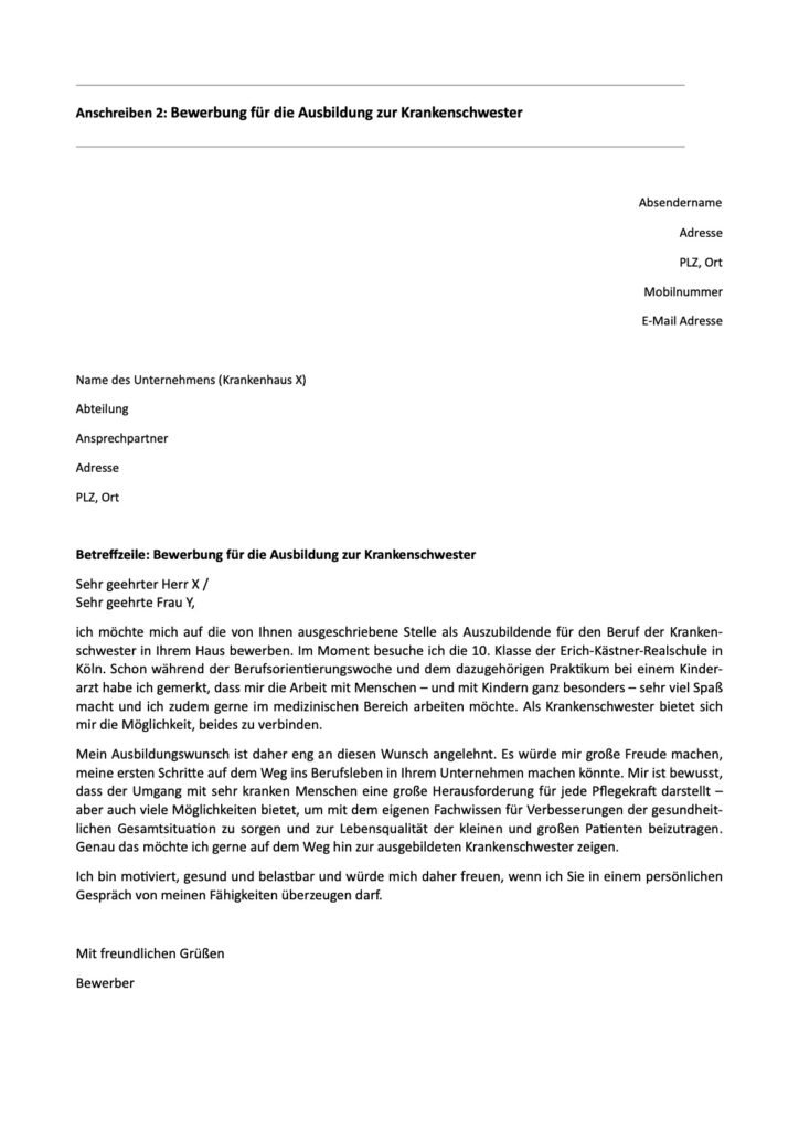 Bewerbung für die Ausbildung zur Krankenschwester